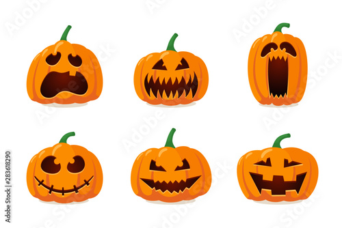 Halloween monster jack lantern orange pumpkin carved glowing scary face set on white background. Holiday cartoon character collection for celebration design. Vector spooky illustration