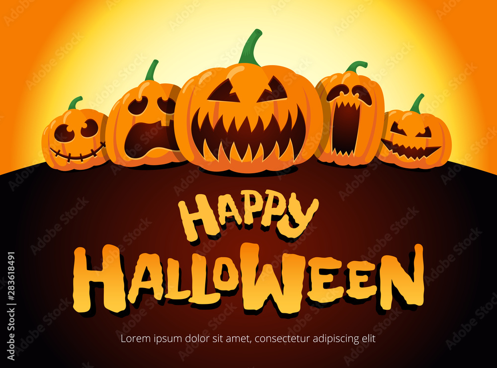 Happy Halloween holiday pumpkins under moonlight. Jack O Lantern party on night blurred background and inscription greeting card design template. Vector invitation illustration Happy Halloween holiday pumpkins under moonlight. Jack O Lantern party on night blurred background and inscription greeting card design template. Vector invitation illustration