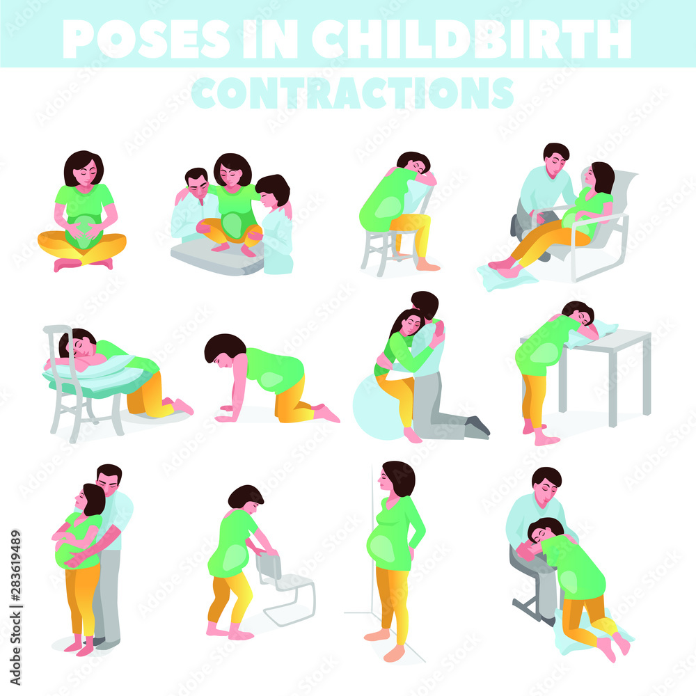 Poses in childbirth. Birth pains. Relief of labor pains. Vector illustration.