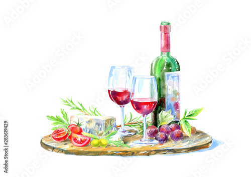 Bottle of red wine, glasses,cheese,olives,cherry tomato and grapes on a wooden board.Picture of a alcoholic drink.Beverage and snack.Watercolor hand drawn illustration.White background.