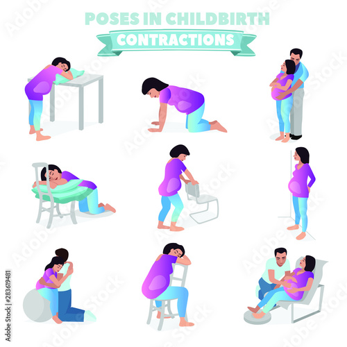 Poses in childbirth. Birth pains. Relief of labor pains. Vector illustration.