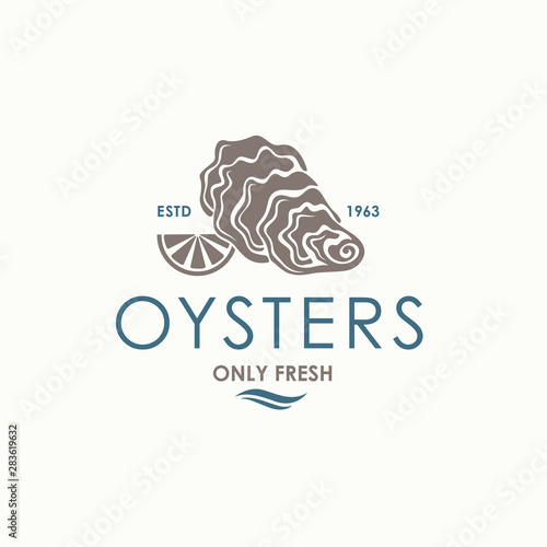 label of fresh oyster shell and lemon isolated on light background