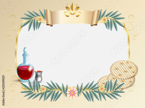 Happy Passover Holiday - translate Hebrew lettering, greeting card with decorative vintage floral frame, four wine glass, matzah - jewish traditional bread for Passover seder ceremony, pesach plate