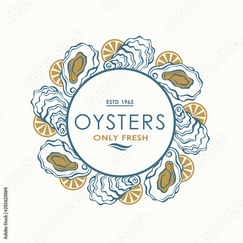 label of fresh oyster shell and lemon isolated on light background