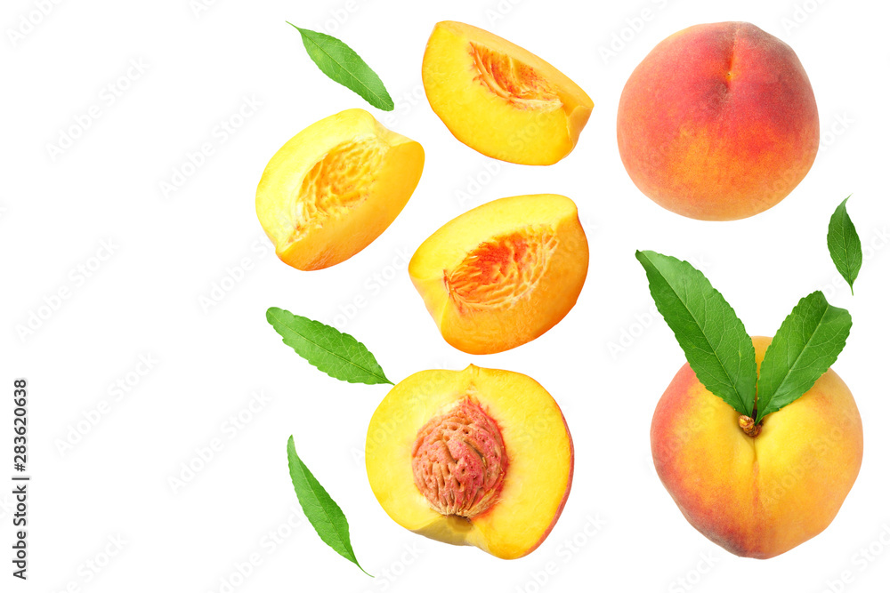Naklejka premium peach fruit with green leaf and slices isolated on white background. top view