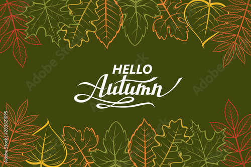 hello autumn lettering pattern with woody leaves