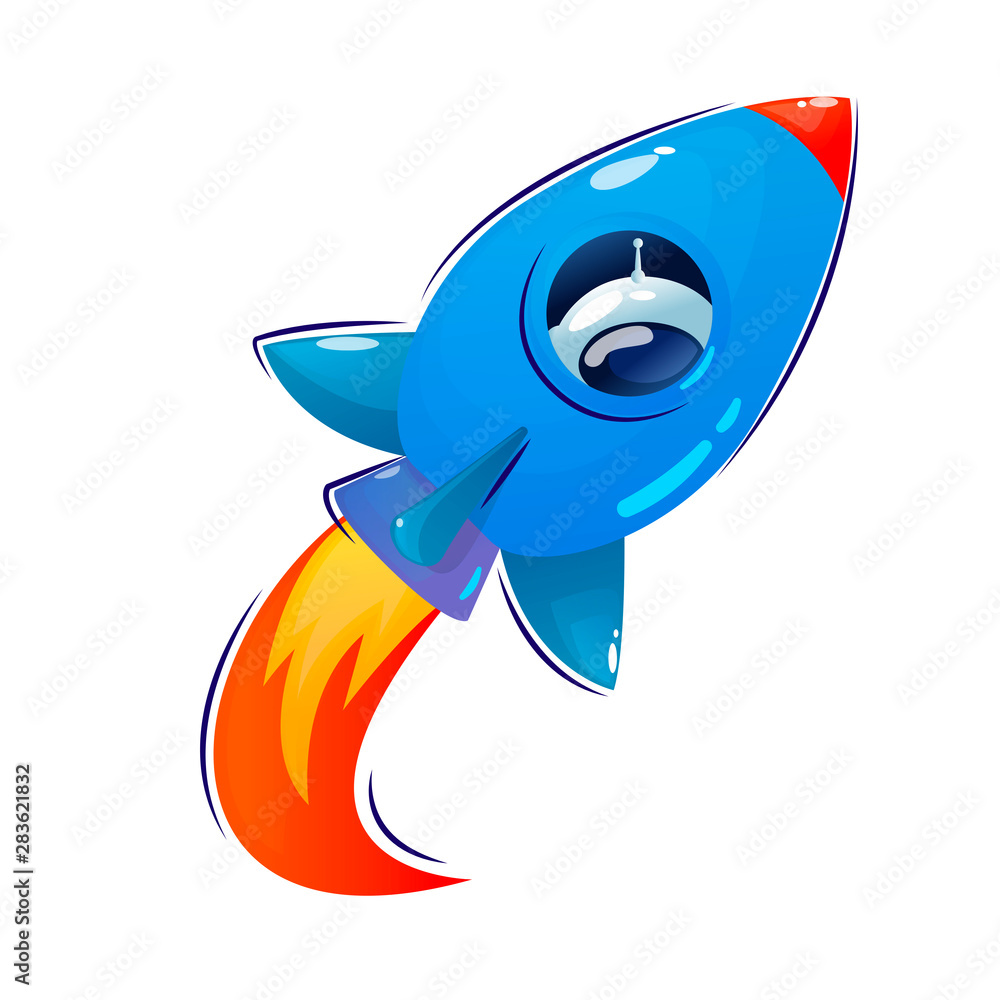 Spaceship fly in cartoon style with fire and cosmonaut or astronaut in window . Vector icon for web design isolated on white background. Spaceship fly in cartoon style with fire and cosmonaut or astronaut in window . Vector icon for web design isolated on white background.