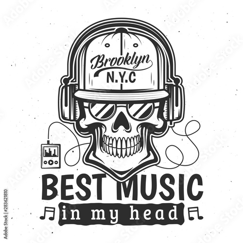 Skull with sunglasses, headphones. T-shirt print