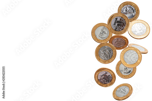 1 Real Coins Falling, Brazil Currency, White Background