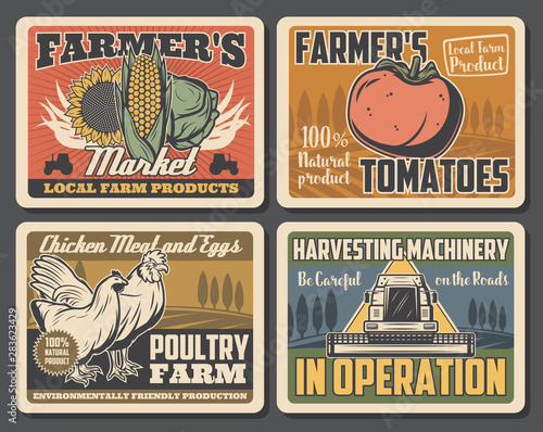 Farm field, tractor, rooster, chicken, vegetables