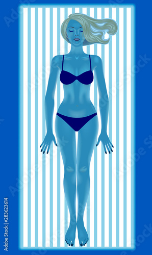 Blonde girl with a loose hair in blue light of solarium