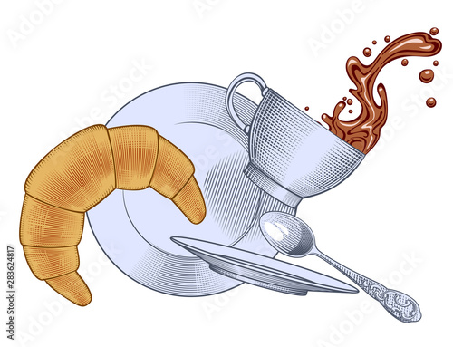 Falling coffee cup with spilling water, saucer, plate, spoon and bagel