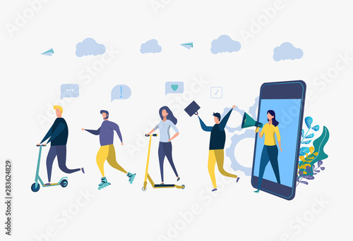 Vector illustration, concept of referral marketing, promotion method. Metaphor, people ride scooters and roller skates from the phone. Colorful Vector Illustration