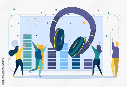 Young people dancing in a nightclub, listening to music, a DJ concert. Quiet disco, party headphones, equalizer, disco. Colorful vector illustration