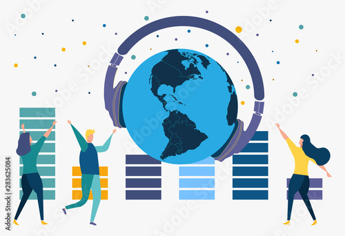 Young people dancing in a nightclub, listening to music, a DJ concert. Quiet disco, party headphones, equalizer, disco. Colorful vector illustration