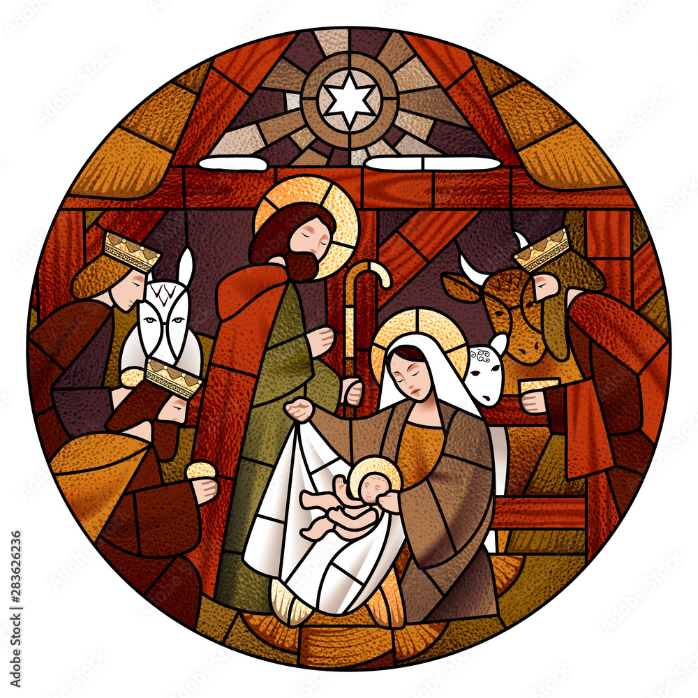 Ταπετσαρία Circle stained glass with the Christmas in beige and brown colors