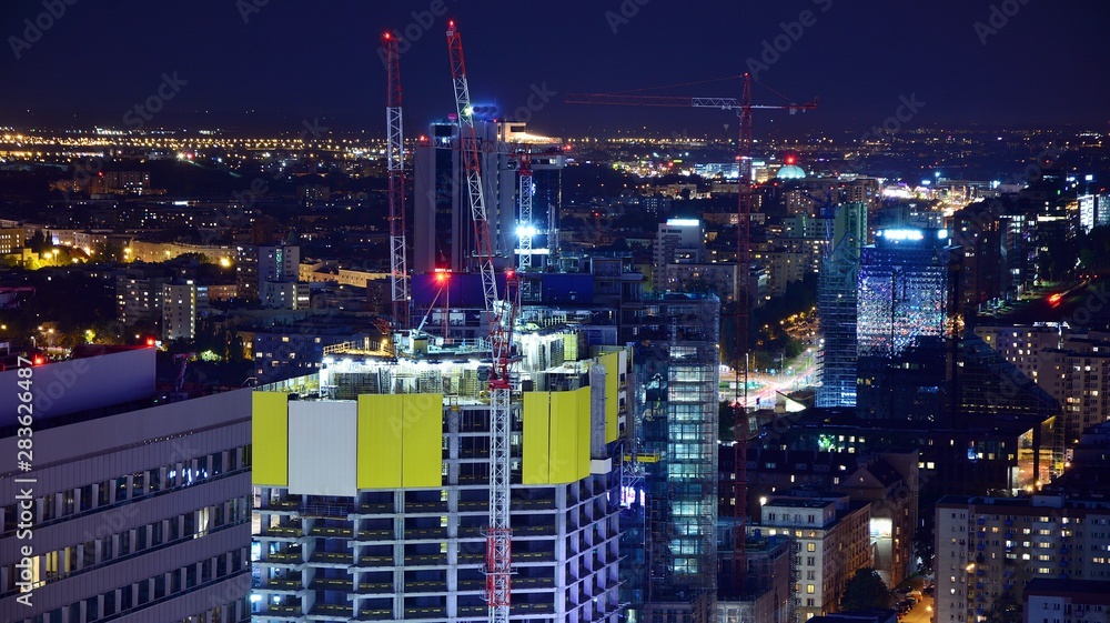 Modern office building at night. Night lights, city office building downtown, cityscape view	