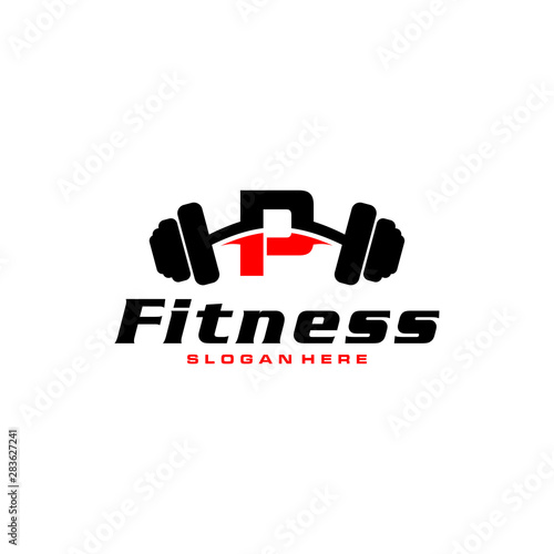 Letter P Logo With barbell. Fitness Gym logo. fitness vector logo design for gym and fitness.