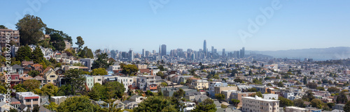San Francisco cityscape seen from Diamond Heights and overlooking Noe Valley and downtown buildings.