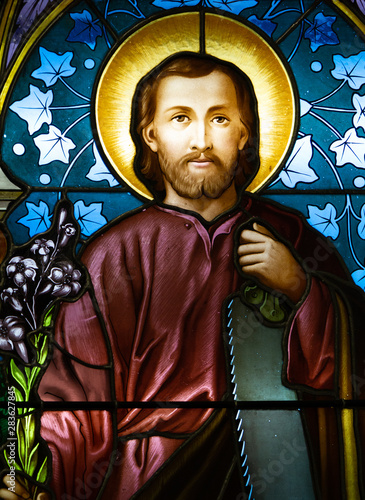 Kosice, Slovakia. 2019/7/4. A stained-glass window depicting Saint Joseph. Displayed in the Roman Catholic Archbishop's office.