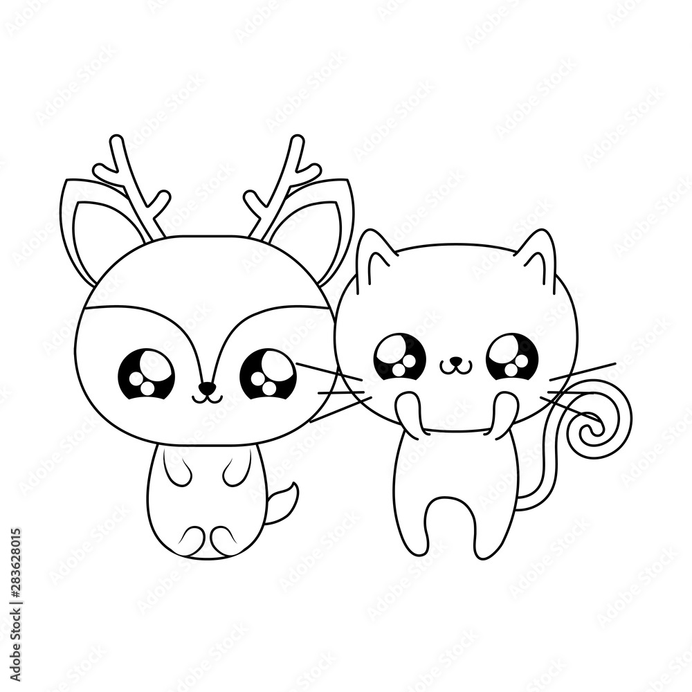 Obraz premium cute reindeer with cat baby animals kawaii style