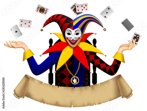 Joker with playing cards with a retro parchment banner