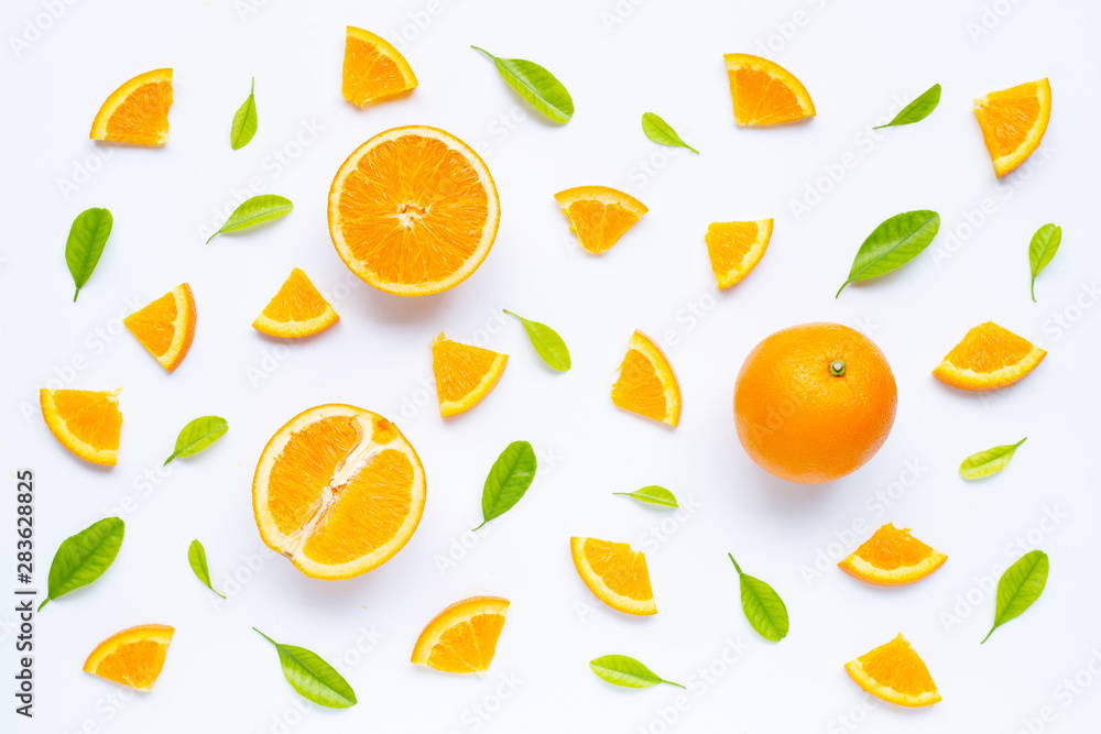 High vitamin C, Juicy and sweet. Fresh orange fruit with green leaves on white. High vitamin C, Juicy and sweet. Fresh orange fruit with green leaves on white.
