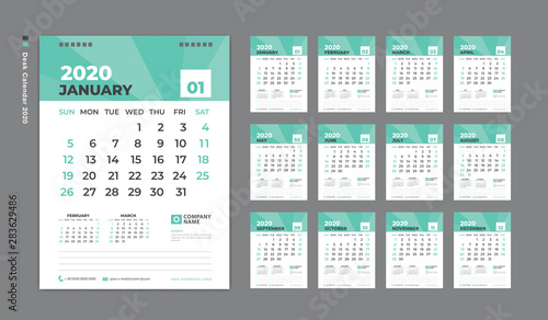 Desk Calendar 2020 template, Week Starts on Sunday. Set of 12 Months. planner template. green background. vertical page vector Eps10.