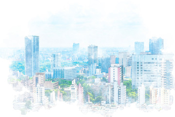 Fotobehang Aquarelschilderij wolkenkrabber  Skyline van Tokio in aquarelstijl  © kurosuke