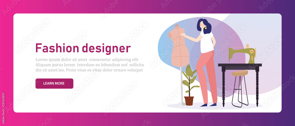 Fashion designer tailor. Girl working with sewing machine garment clothing dress maker in creative studio stylish. Banner illustration.