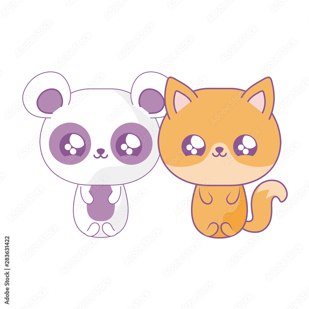 cute fox with panda bear baby animals kawaii style cute fox with panda bear baby animals kawaii style