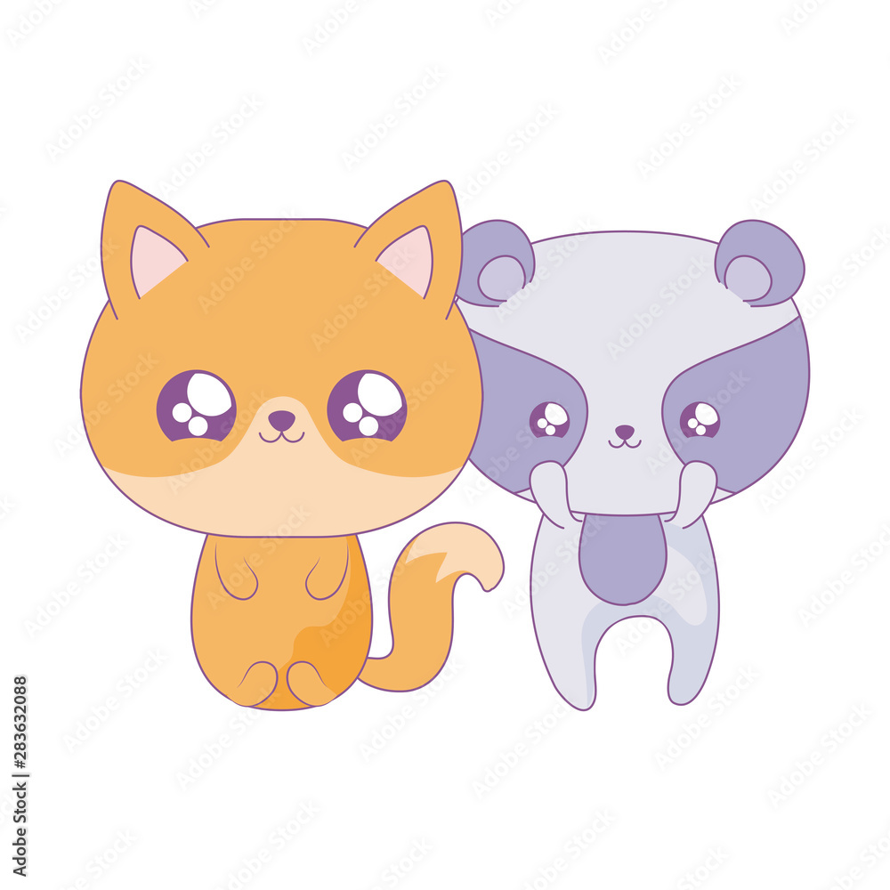 cute fox with raccoon baby animals kawaii style cute fox with raccoon baby animals kawaii style