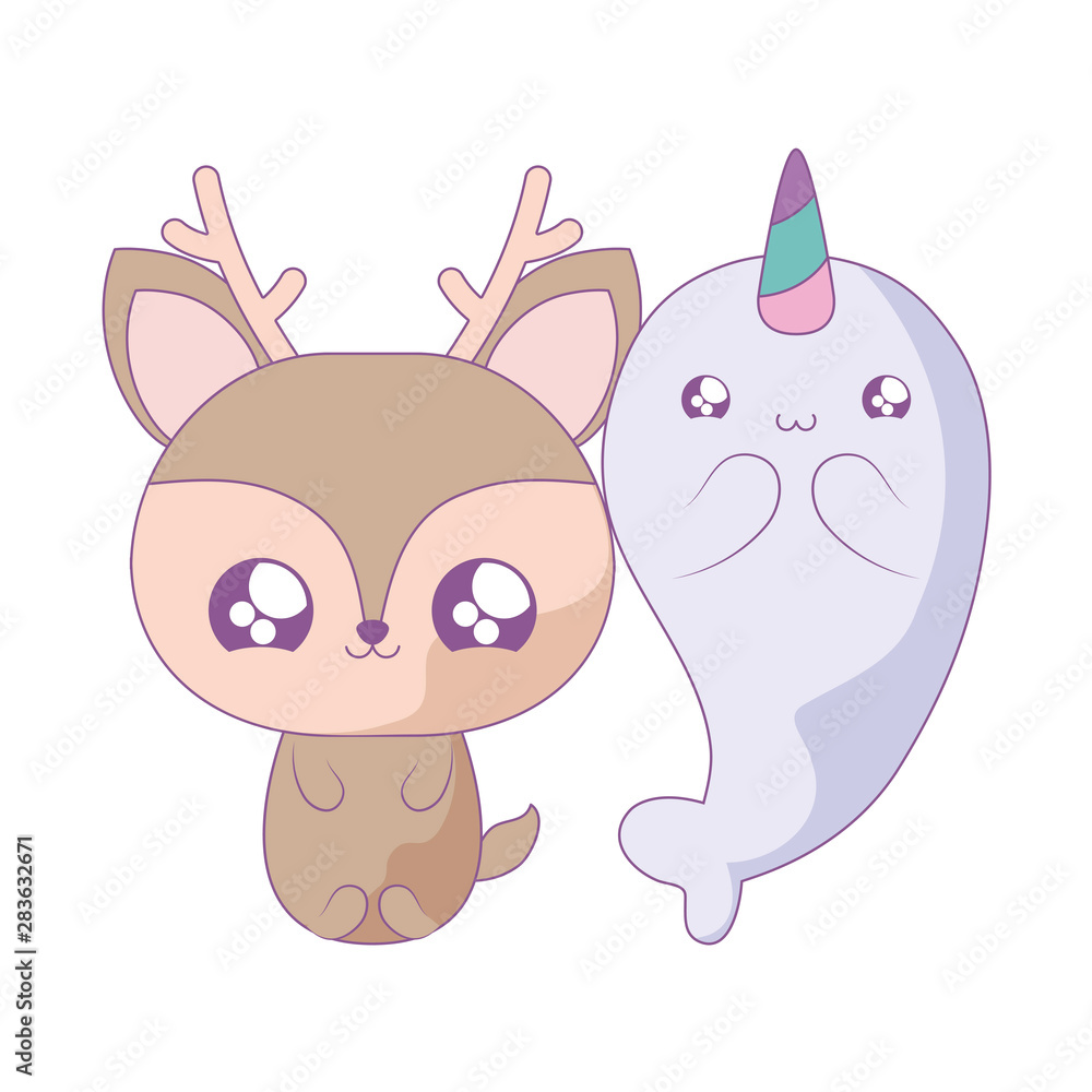 cute narwhal with reindeer baby animals kawaii style