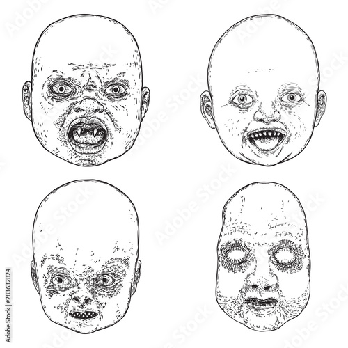 Set of little demon faces with teeth. Hand drawing of baby devil. Halloween props. Vector.