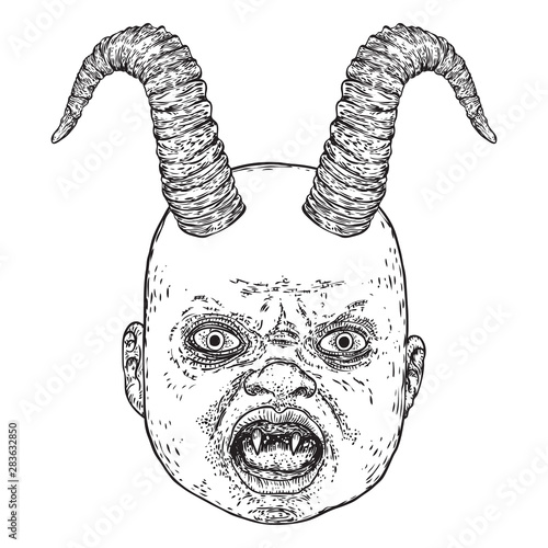 Baby demon with horns hand drawing. Fangs and teeth monster face. Little demon Halloween props. Vector.