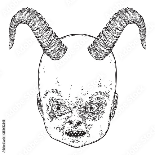 Baby demon with horns hand drawing. Fangs and teeth monster face. Little demon Halloween props. Vector.