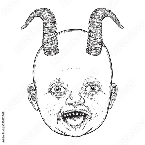 Baby demon with horns hand drawing. Fangs and teeth monster face. Little demon Halloween props. Vector.
