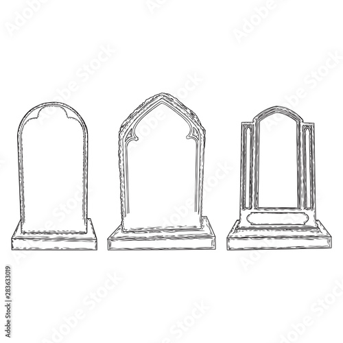 Set of tomb stone drawing. Grave for dead as Halloween tombstones prop. Hand drawn gravestone. Vector.