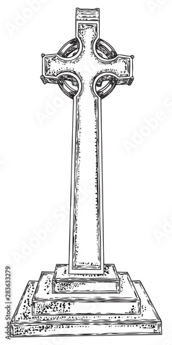 Old marble stone Christ cross hand drawing. Sketch symbol of Jesus, death, cemetery, Christianity, religion, faith and resurrection. Drawn isolated illustration on white background. Vector.