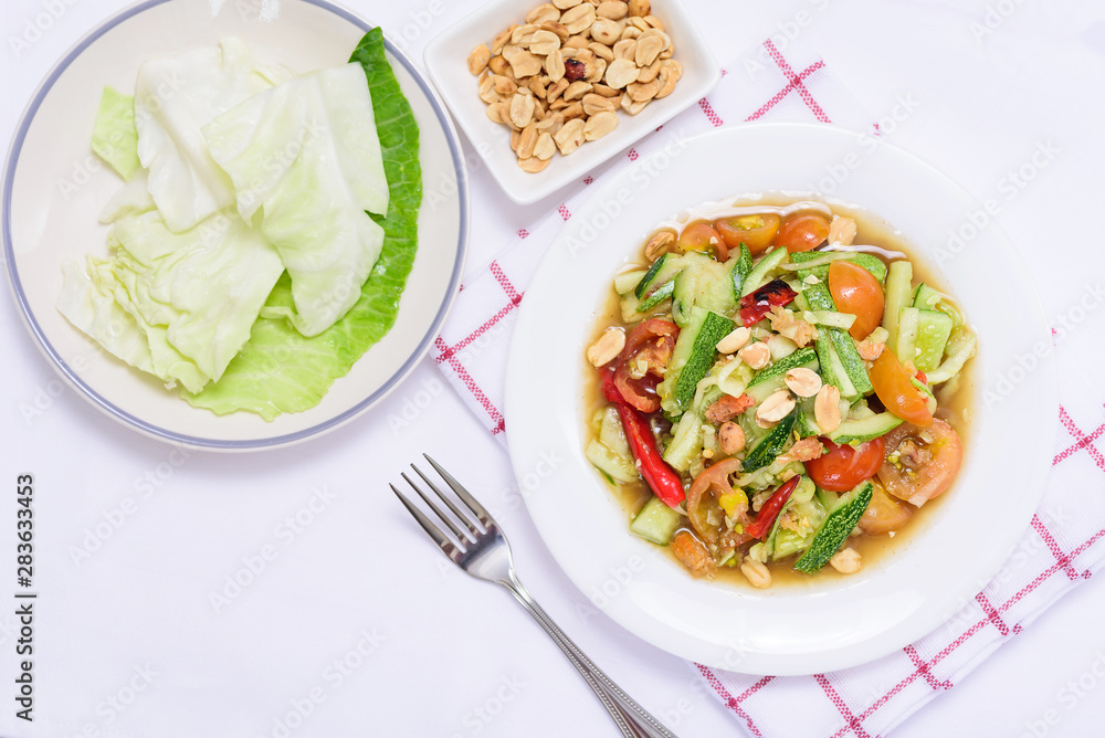 Spicy cucumber salad, Thai food, top view Spicy cucumber salad, Thai food, top view