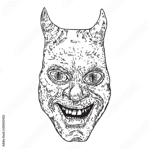 Demon witt cat eyes face hand drawing. Monster face for Halloween props. Vector.