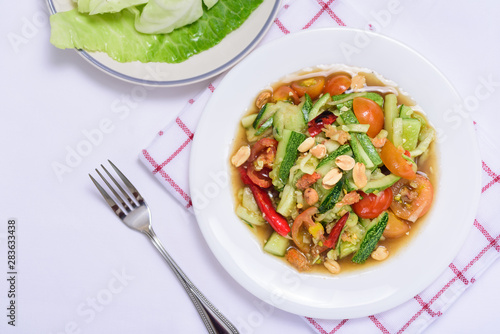 Spicy cucumber salad, Thai food, top view