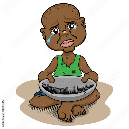 Illustration depicting a hungry needy child without food starving, afro descendant. Ideal for institutional materials and advertisements