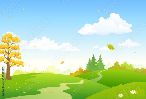 Vector cartoon illustration of a colorful autumn scenery