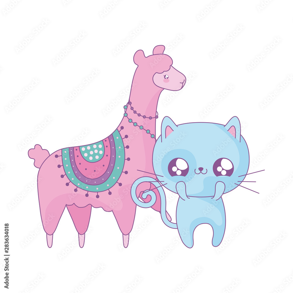 Naklejka premium cute cat with alpaca baby animals kawaii style