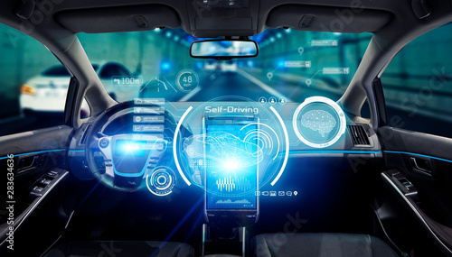 Interior of an autonomous car. Driverless vehicle. Futuristic transportation.