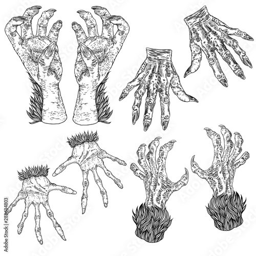Halloween engraving drawings set of monsters hands, werewolf, witch, zombie, dragon, and vampire hands isolated on white background. Vector.