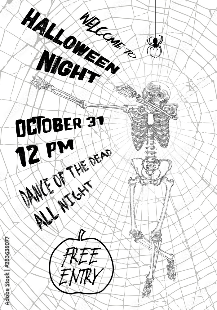 Obraz premium Halloween vertical background with skeletons dancing DAB. Flyer or invitation template for Halloween party and night. Handwritten calligraphy greetings, dance of the dead all night. Vector.