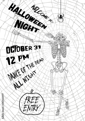 Halloween vertical background with skeletons dancing DAB. Flyer or invitation template for Halloween party and night. Handwritten calligraphy greetings  dance of the dead all night. Vector.