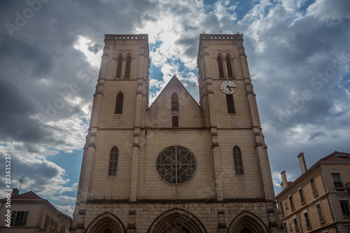 Eglise Saint Jean Baptiste Church at dusk in Bourgoin Jallieu, France, a city of Dauphine region, in Isere Departement. It is the main catholic church of this city, built in the 19th century. photo